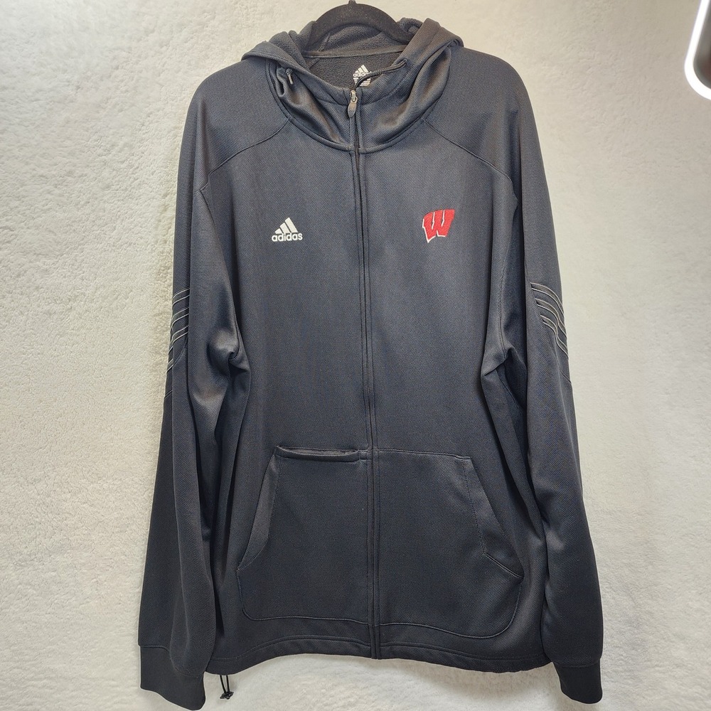 Adidas Wisconsin Badgers Full Zip Hoodie Mens 2XL Black‎ NCAA Athleisure Jacket